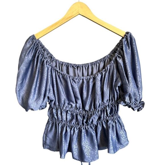 NSR Smocked Puff Sleeve Tie Front Off Shoulder Peplum Peasant Blouse - Picture 5 of 10